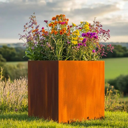 Corten steel cube planter with - cube,